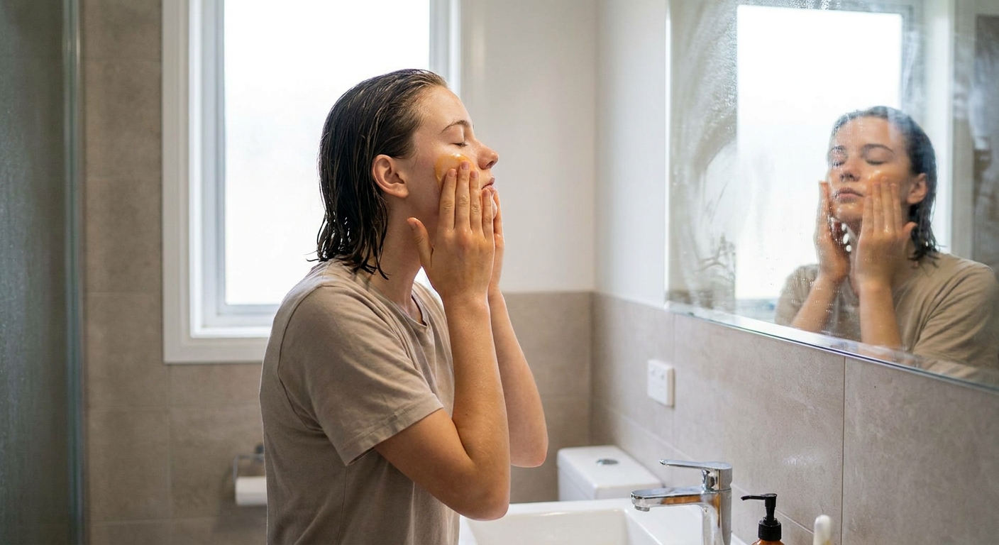 A teenager massaging cleansing oil onto their face