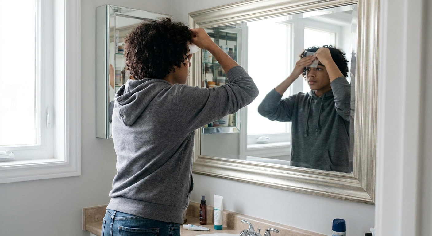 A teenager blotting oil from their forehead with a tissue