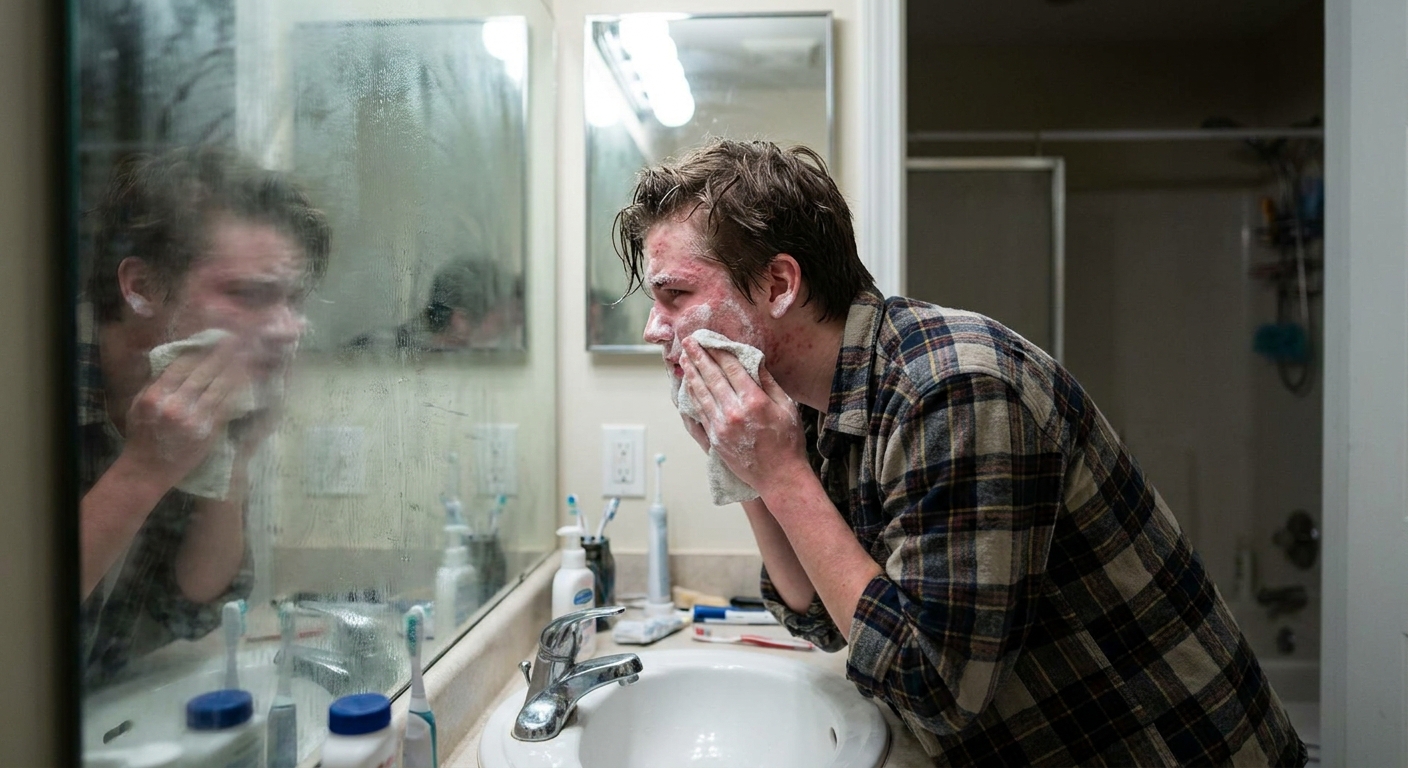 A teenager aggressively scrubbing their face with soap