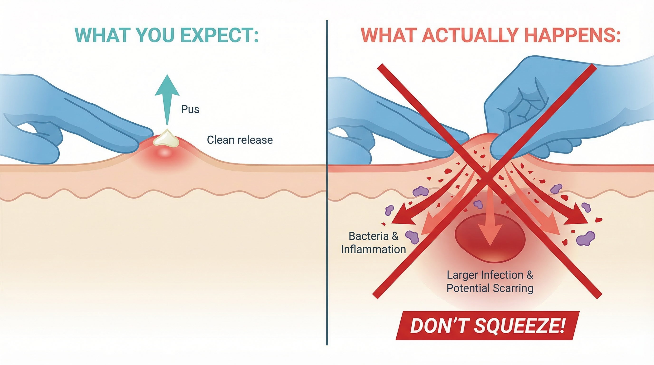 Infographic showing why popping papules is harmful: cross-section of skin demonstrating how squeezing pushes bacteria deeper