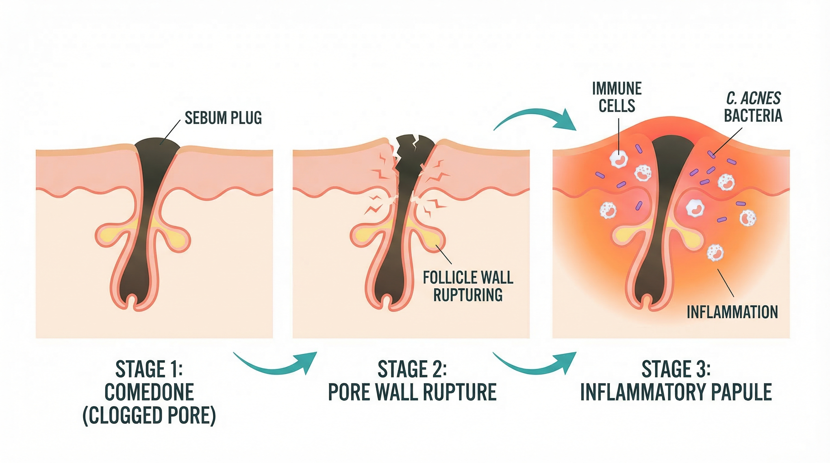 Close-up illustration showing the difference between a normal pore, a clogged pore (comedone), and an inflamed papule