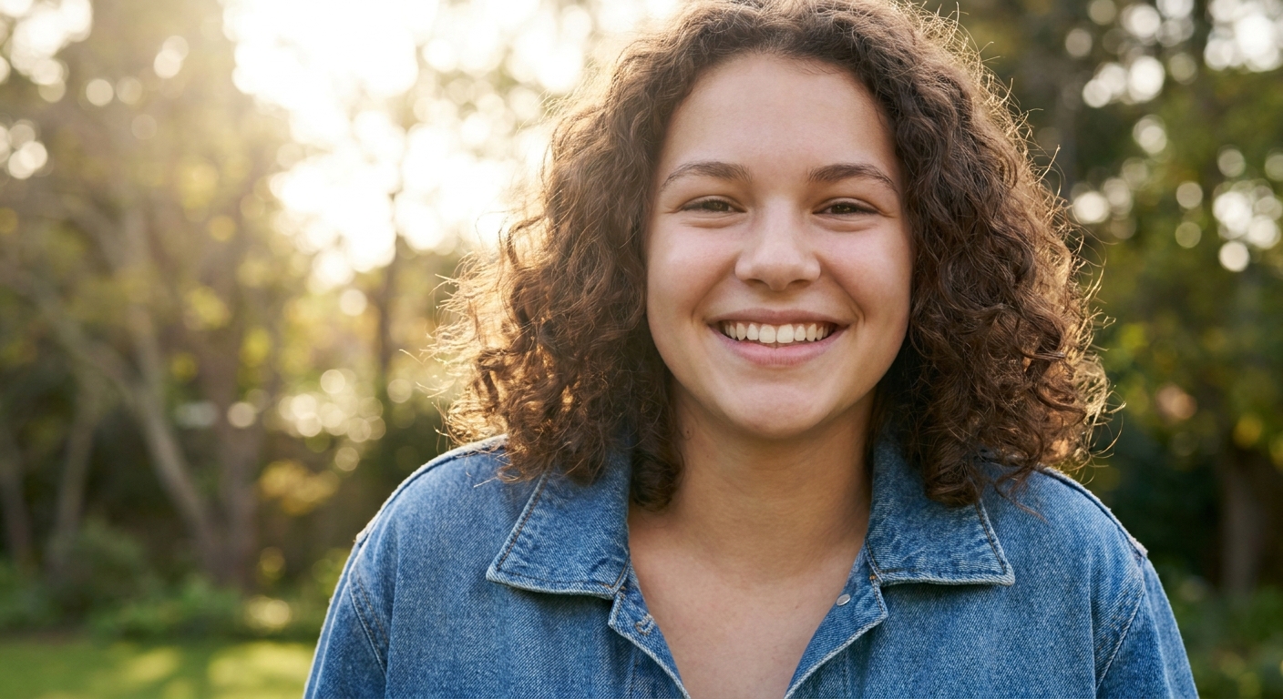A teenager with clear skin months after treatment, relieved expression