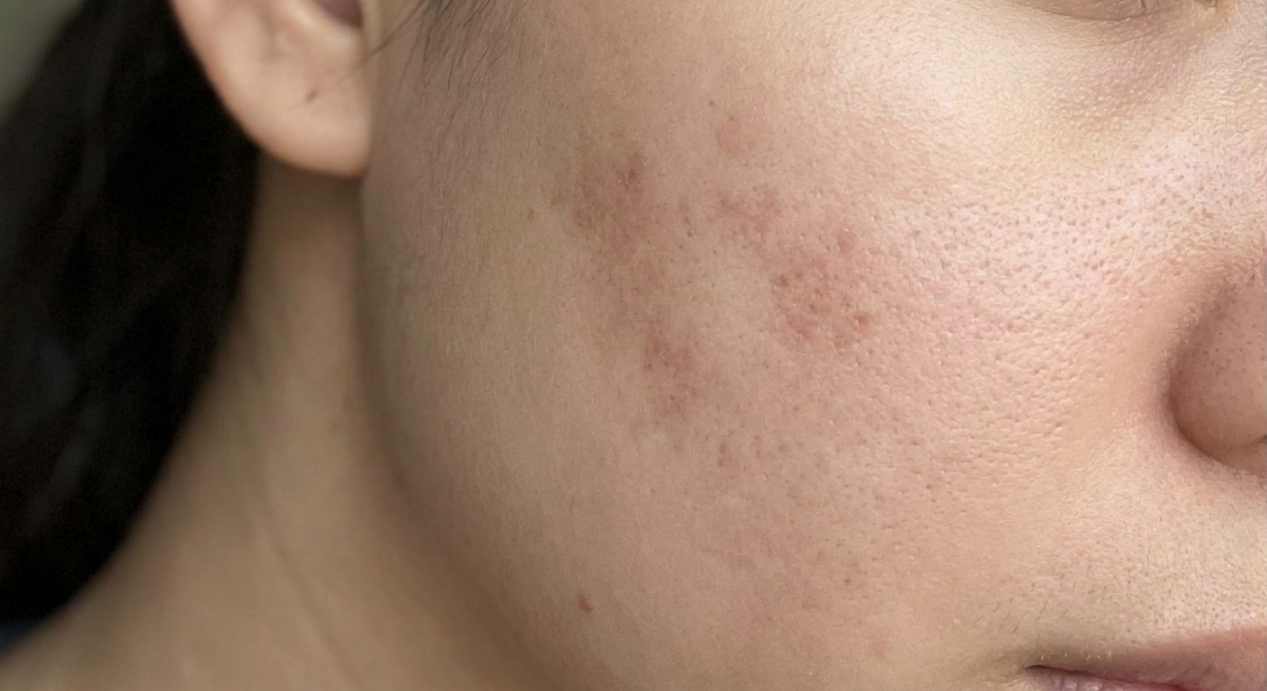Close-up of post-acne dark marks on skin