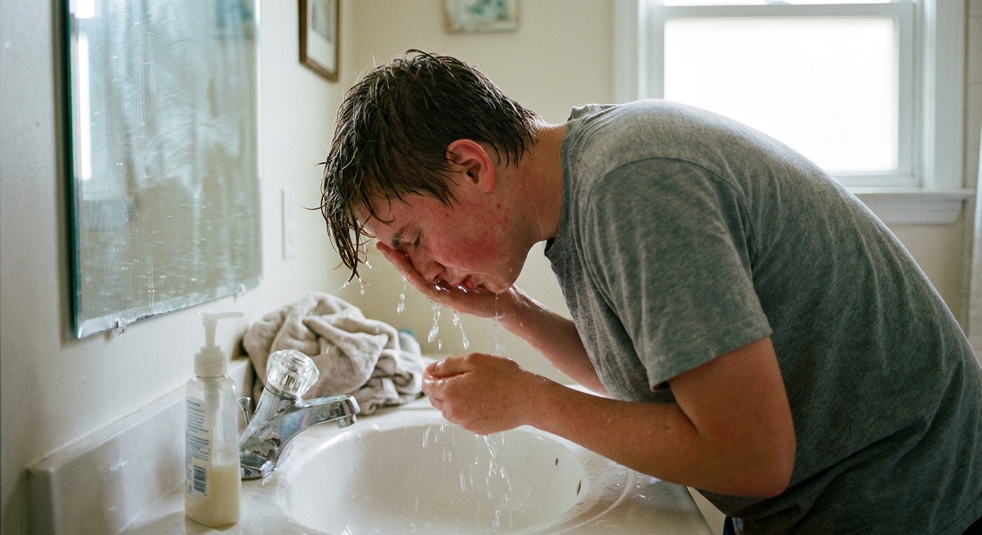 A teenager washing face after exercise