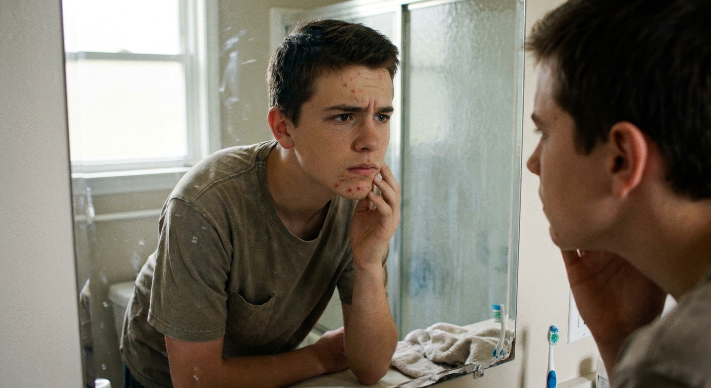 A teenager's skin during the purging phase showing temporary breakouts