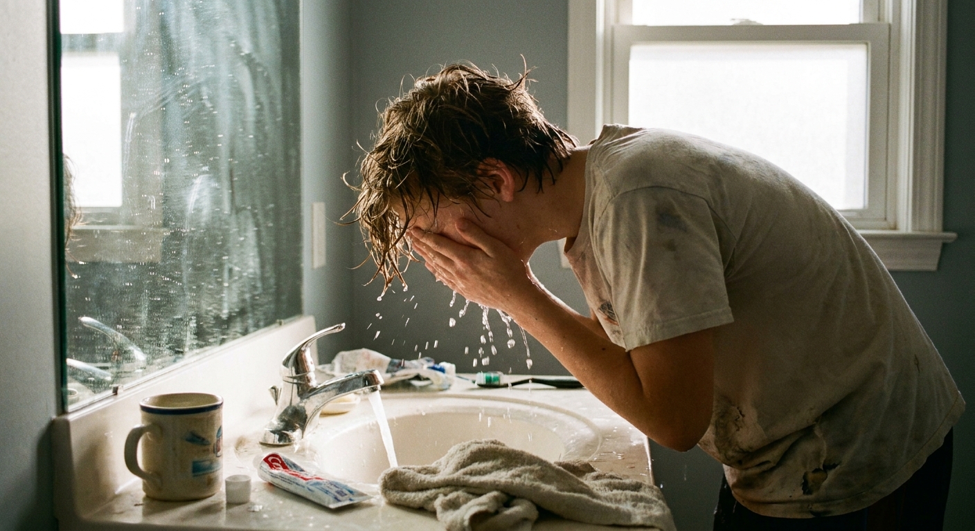 A teenager quickly washing face at a sink