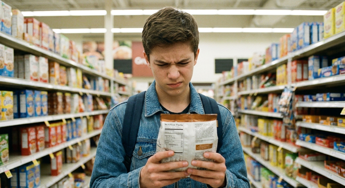 A teenager reading a food label