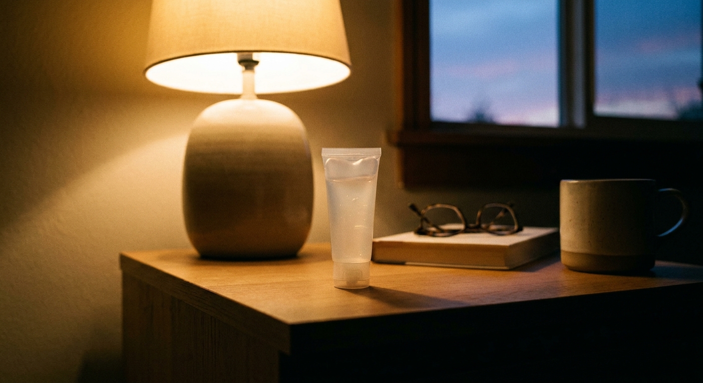 A Differin-style retinoid gel tube on a nightstand