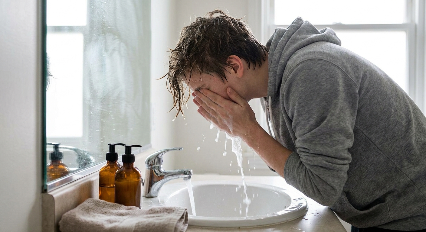 A teenager rinsing oil cleanser off with warm water