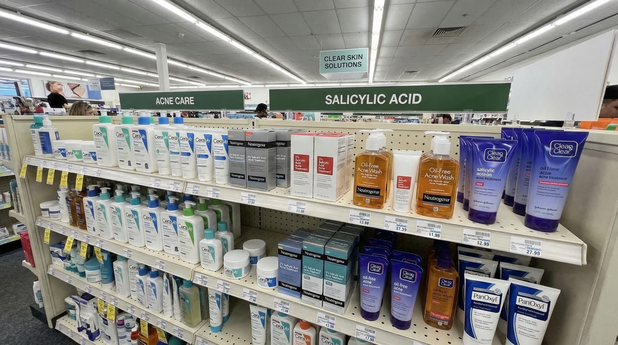 Over-the-counter salicylic acid products on a drugstore shelf
