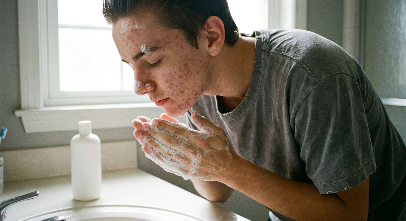 A teenager doing the second cleanse with foam cleanser