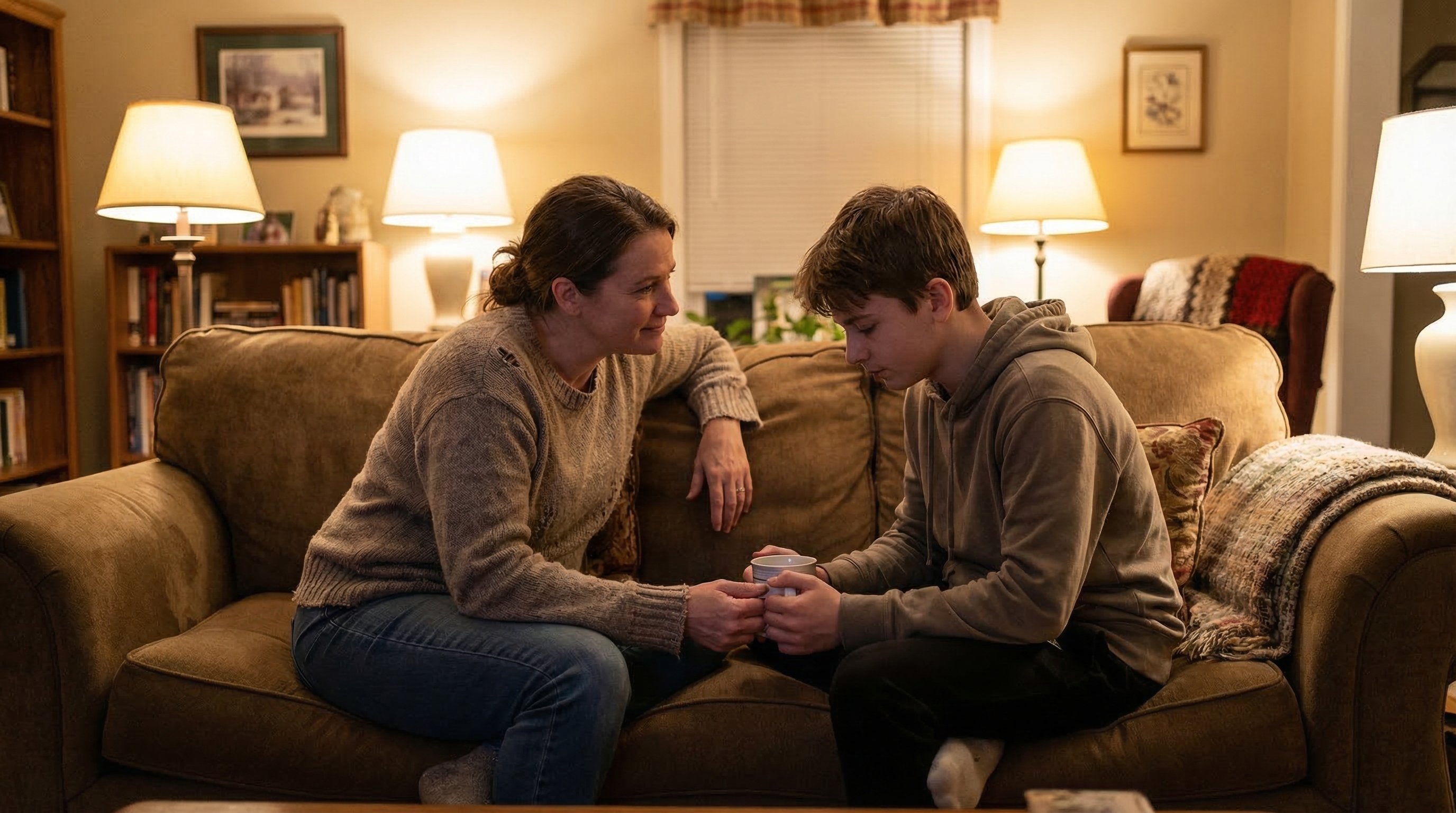 Illustration of a parent and teen sitting side by side in a car, having a calm conversation