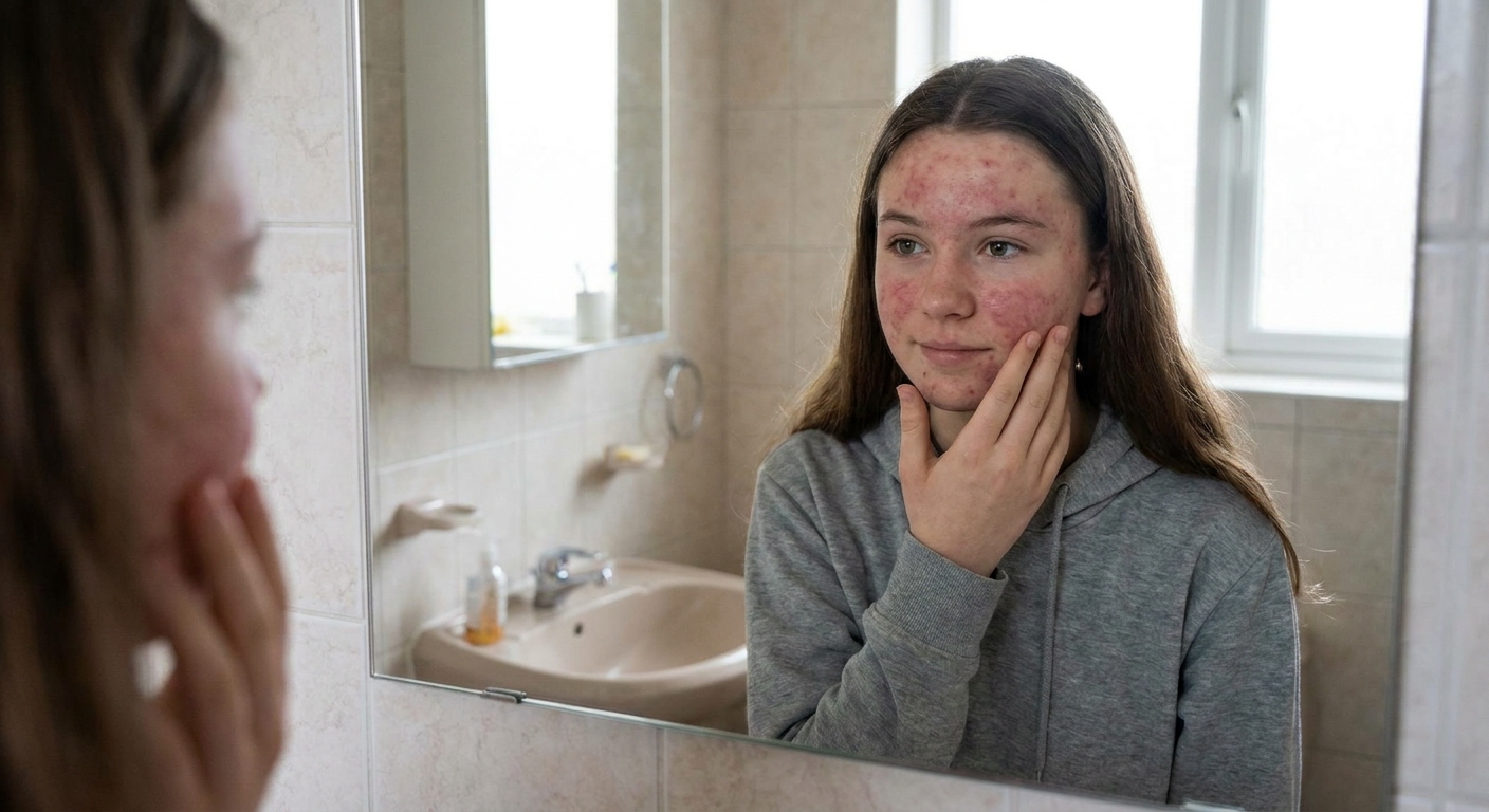 A teenager with red, irritated skin touching their cheek