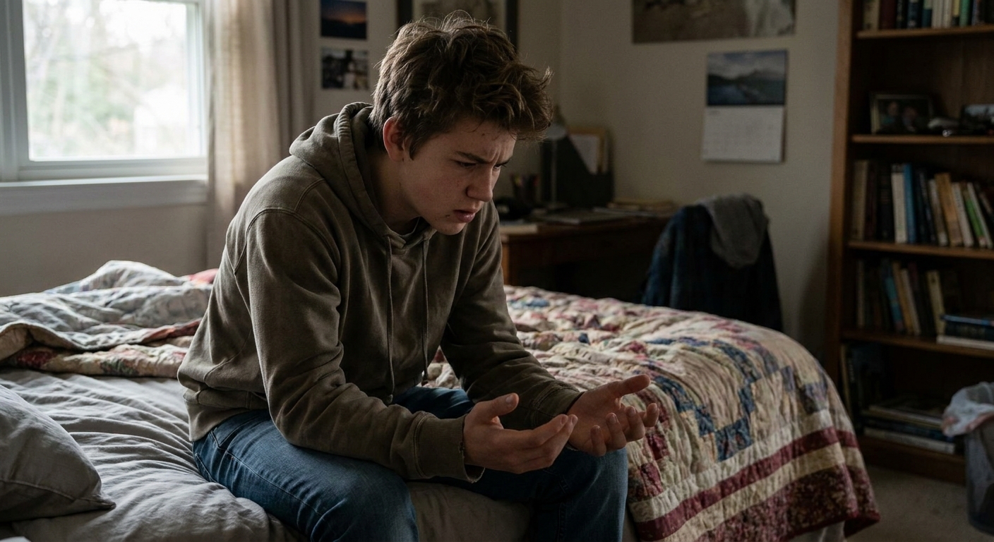 A teenager sitting on a bed looking at their hands guiltily
