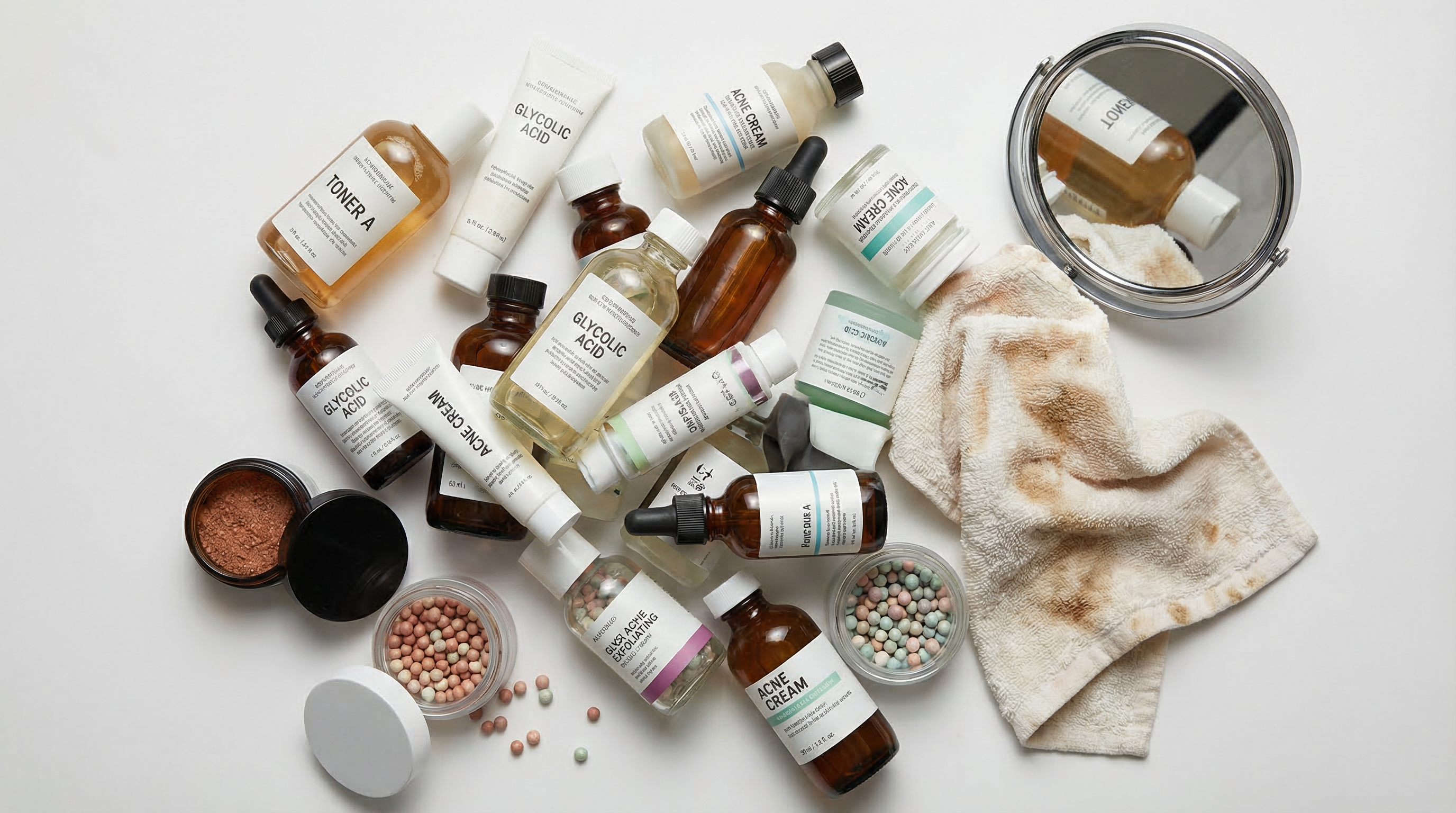 A clean, organized bathroom shelf with minimal skincare products lined up neatly