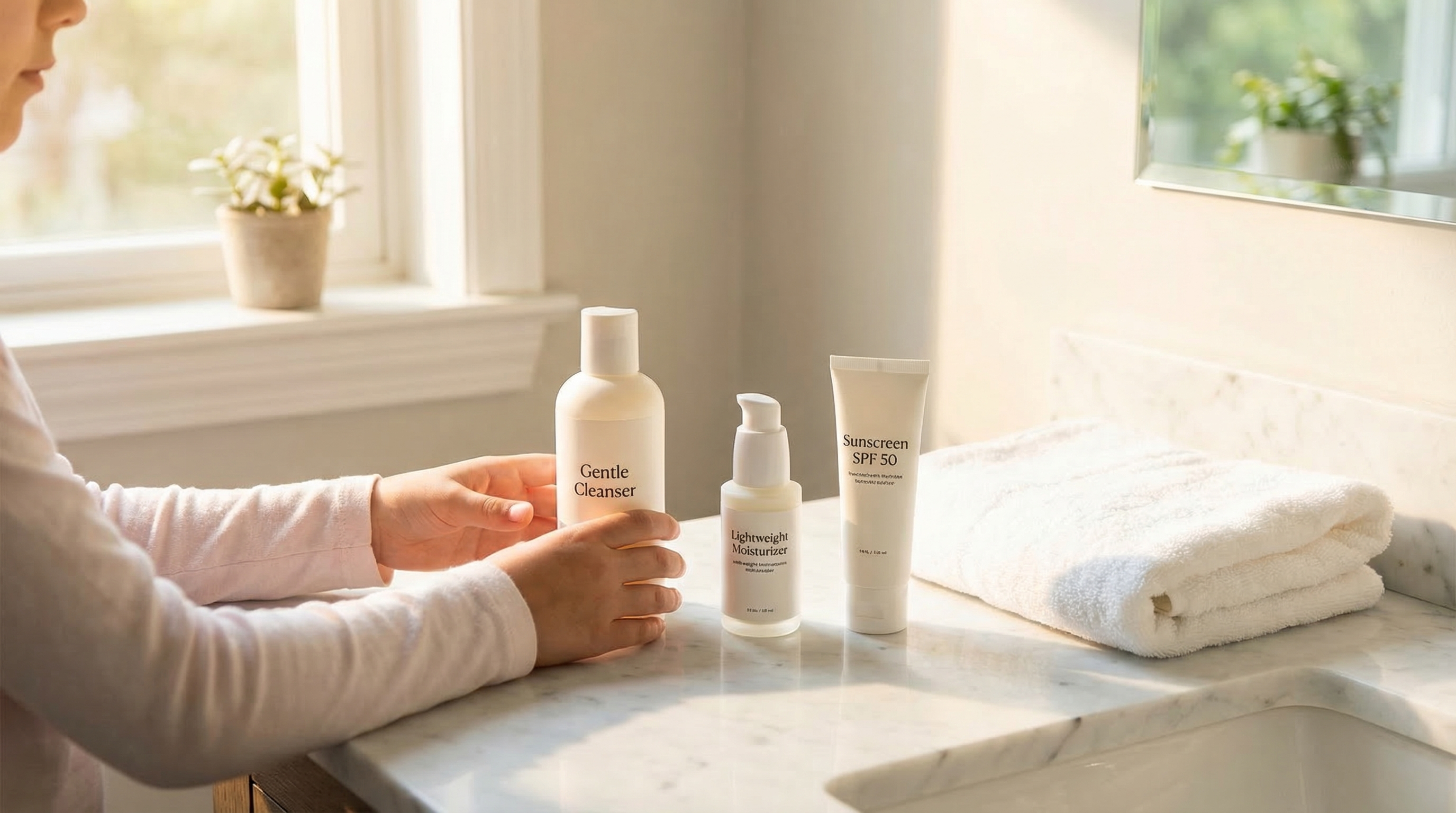 Flat lay of a simple skincare routine with cleanser, moisturizer, sunscreen, and treatment products