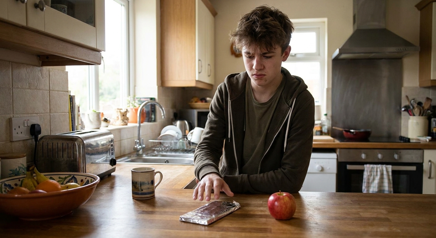 A teenager choosing between a sugary snack and fruit