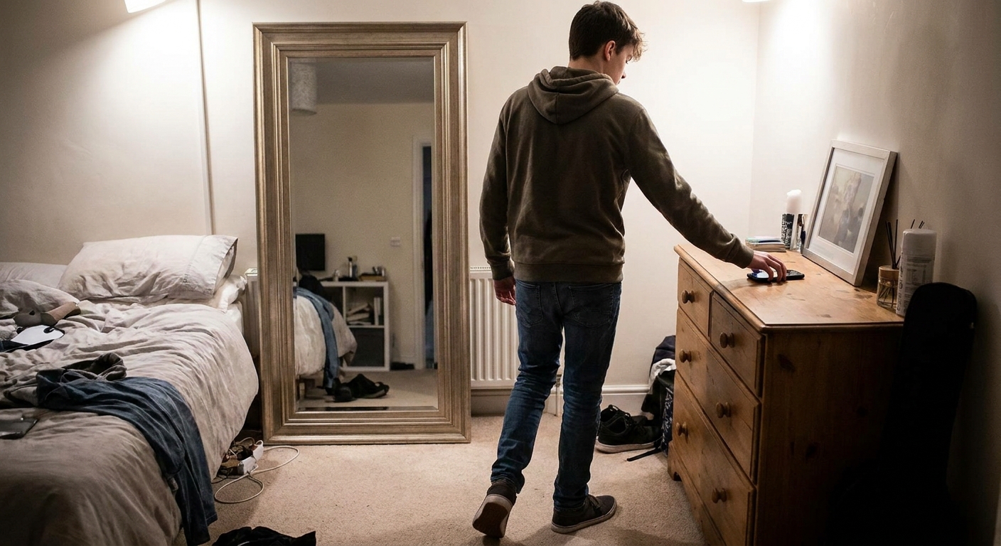A teenager putting their phone down and stepping away from a mirror