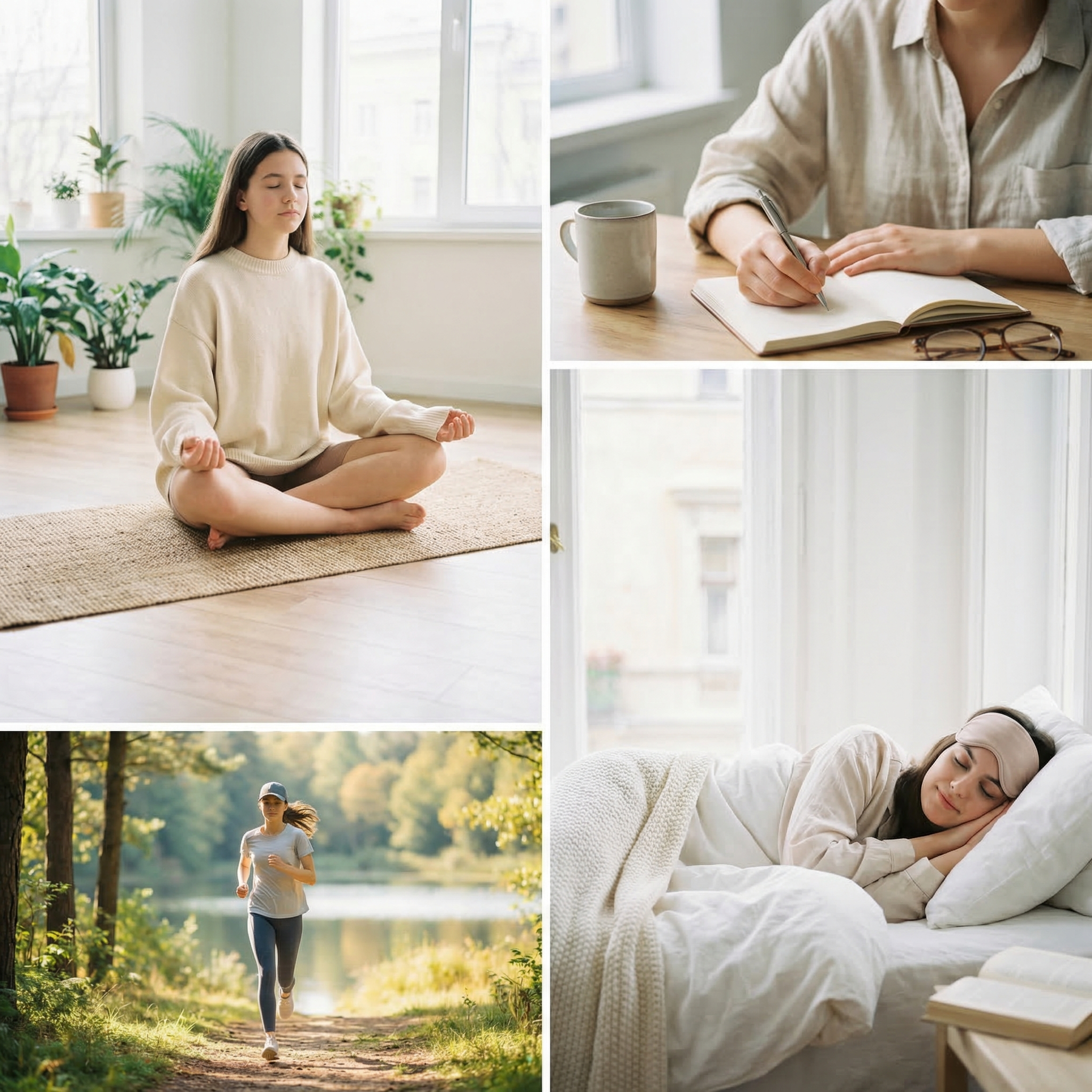 Teen practicing deep breathing exercises in a calm environment