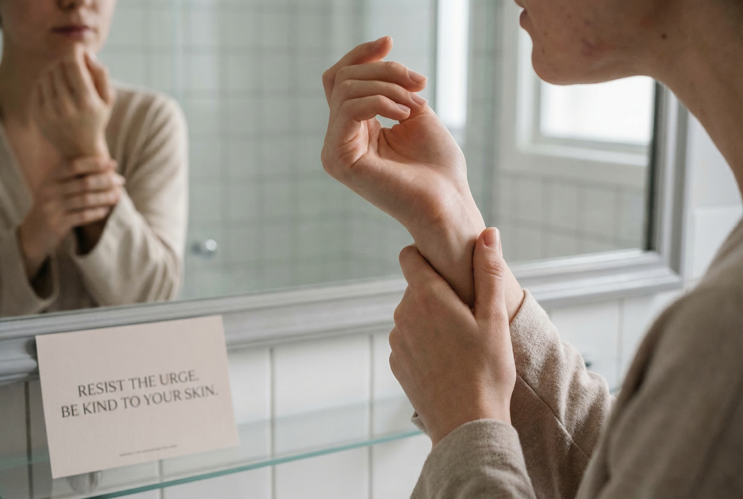 Close-up showing the effects of stress-related skin picking on acne