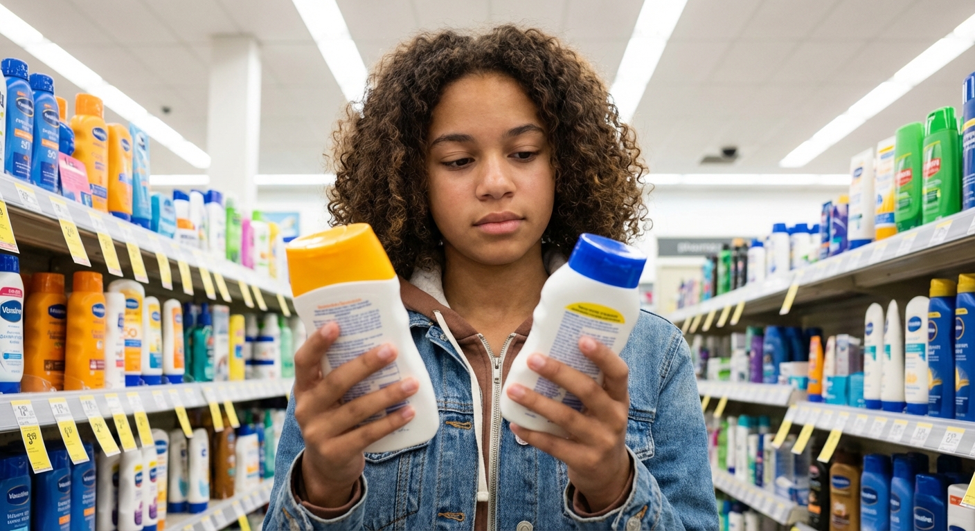 A teenager comparing sunscreen bottles in a store