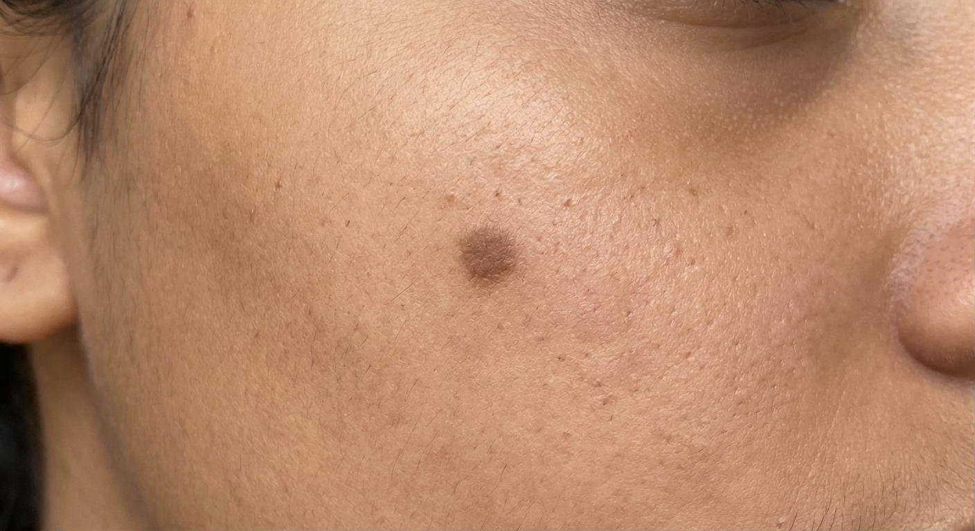 Close-up of a dark post-acne mark on skin