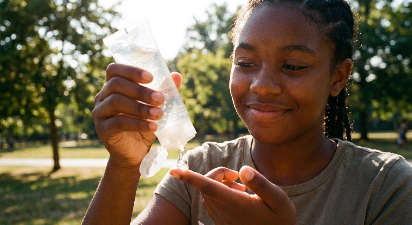 A teenager with dark skin applying clear sunscreen outdoors