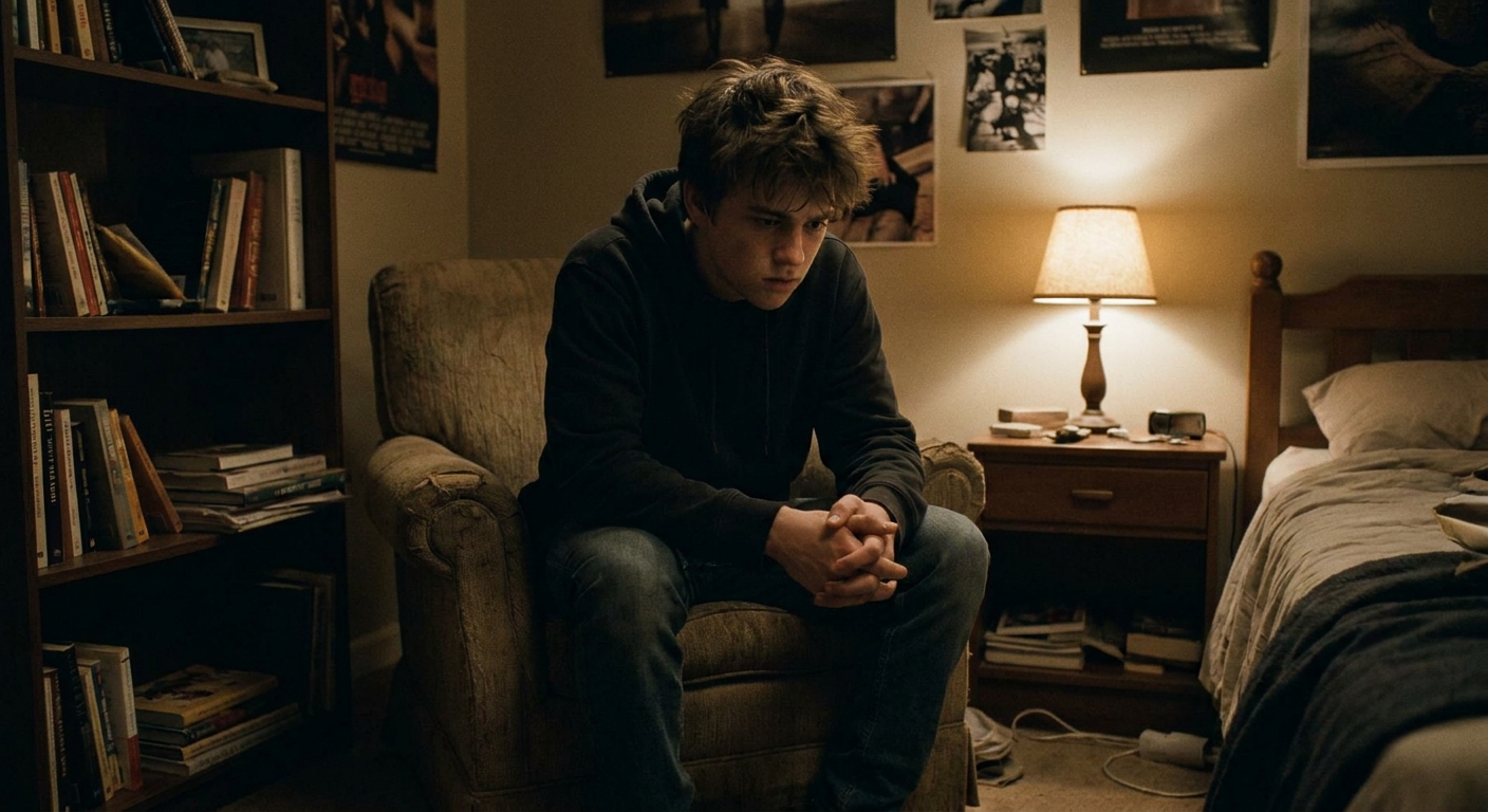 A teenager sitting alone looking anxious