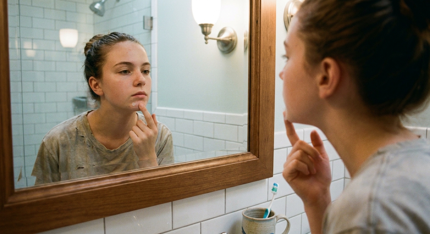 A teenager applying a small acne patch to their chin