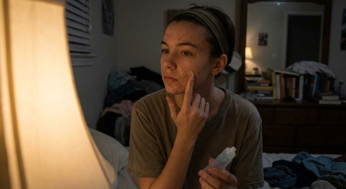 A teenager applying retinoid at night