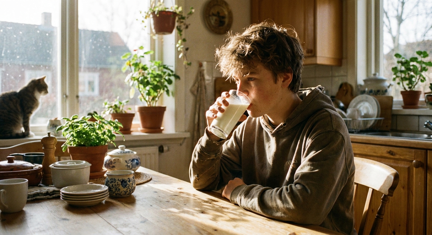 A teenager drinking a glass of milk