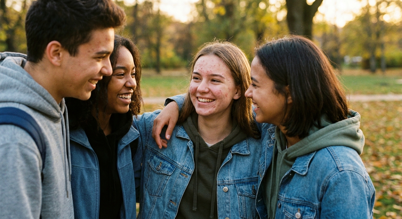 A teenager smiling with friends despite acne