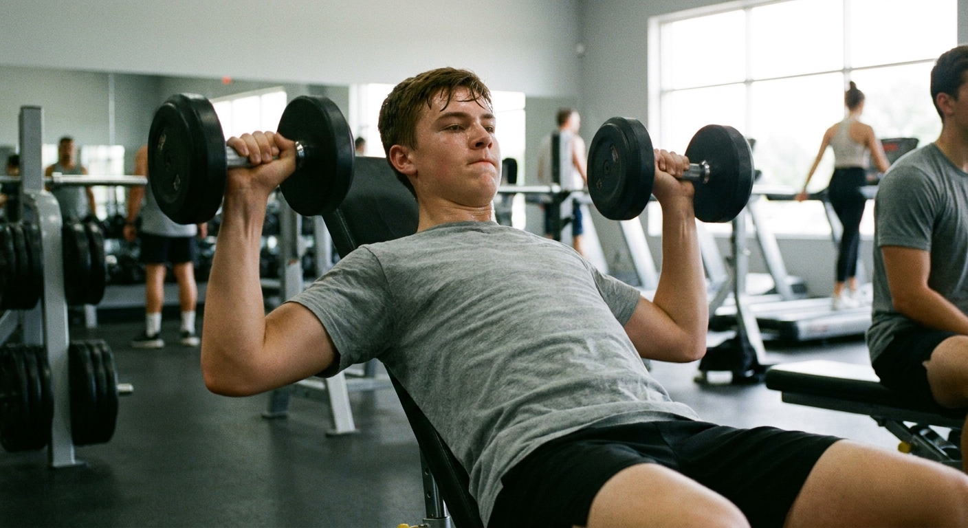 A teenager working out at a gym with clean skin