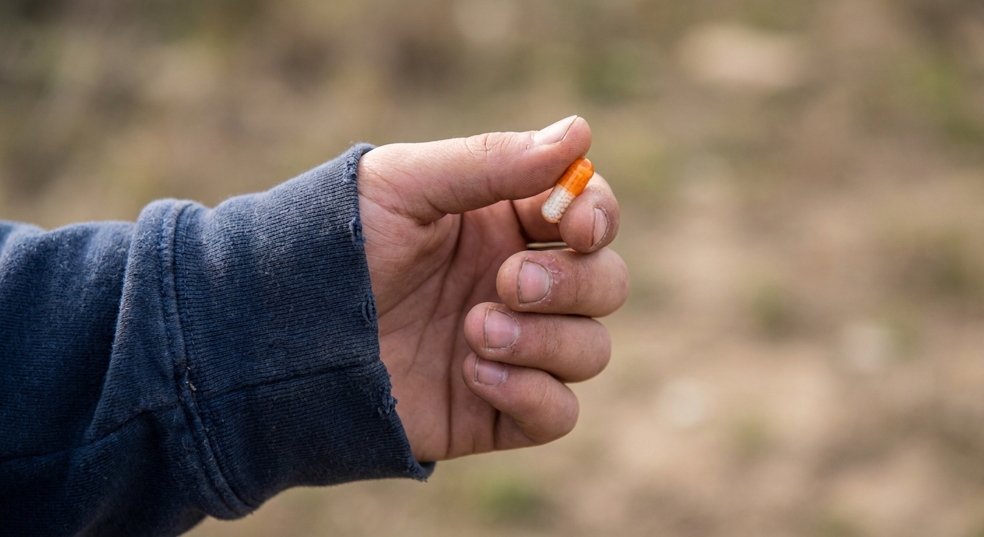 A teenager holding a small pill capsule