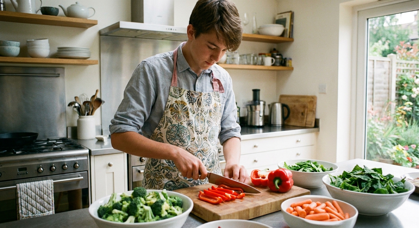 A teenager meal-prepping healthy food in a kitchen