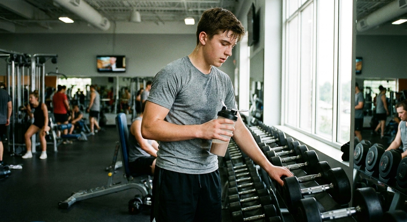 A teenager holding a protein shake at a gym
