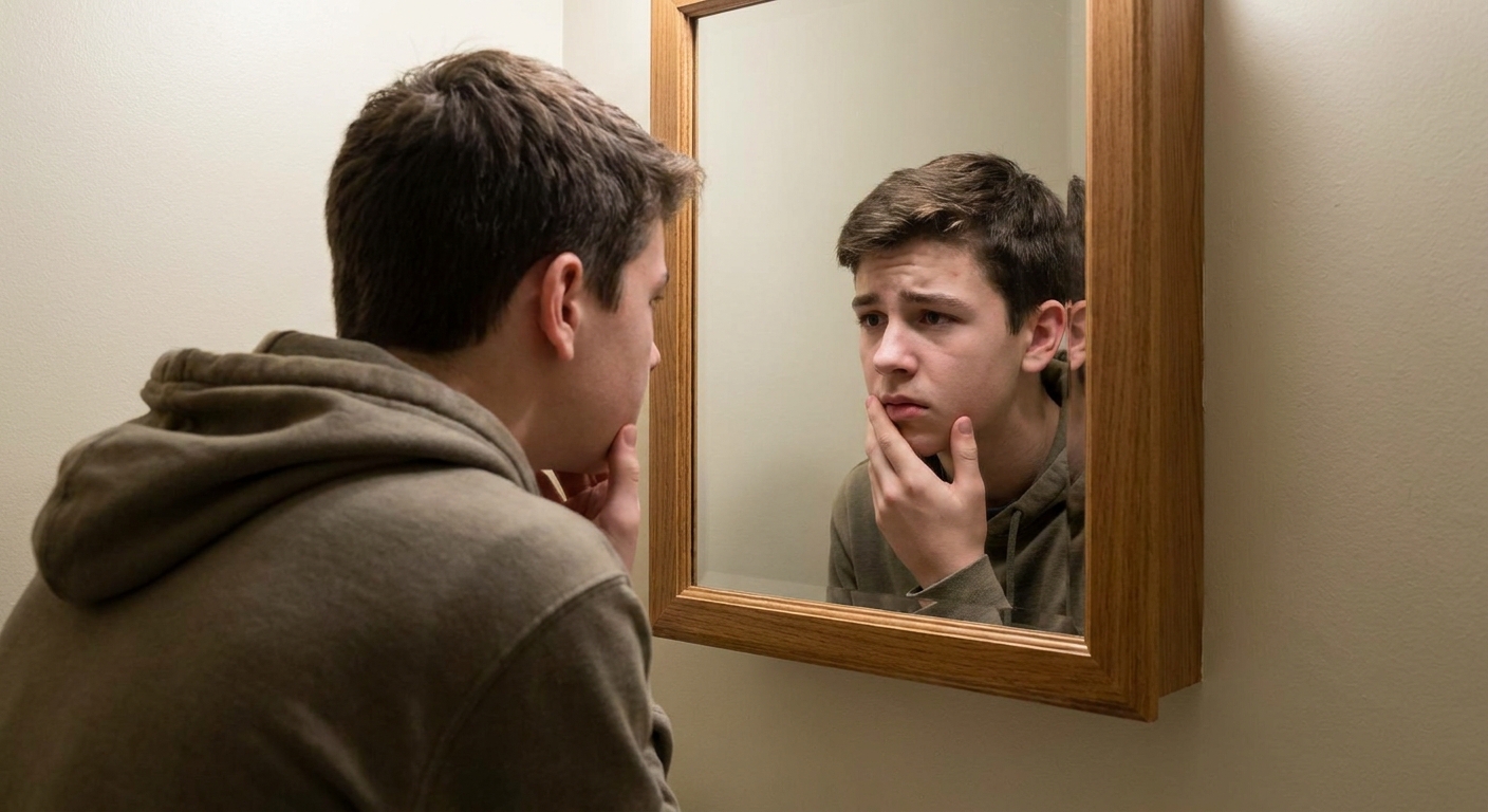 A teenager looking at their skin with concern