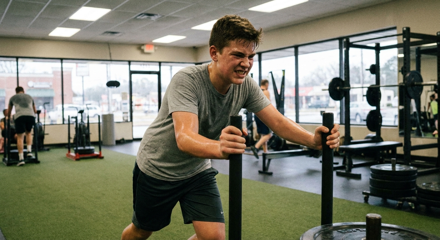 A teenager sweating during a workout