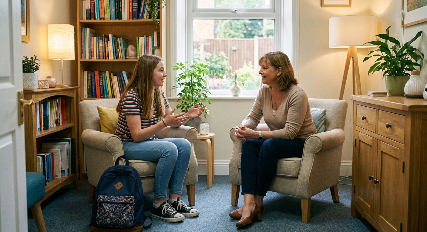 A teenager talking to a counselor