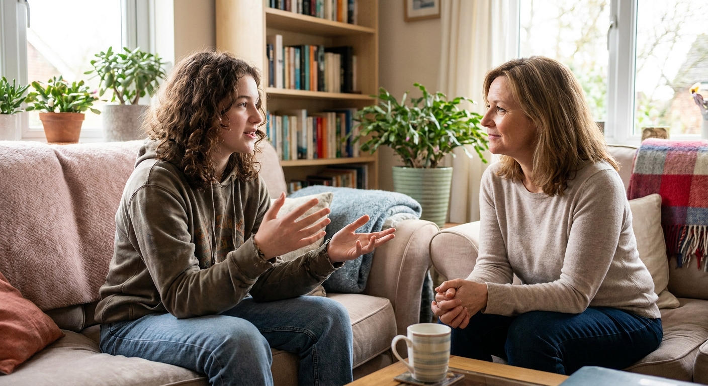 A teenager talking openly with a trusted adult