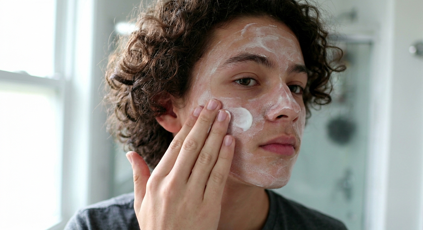 A teenager applying a thick cream moisturizer