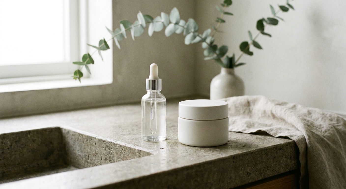 Just two skincare products on a clean bathroom counter