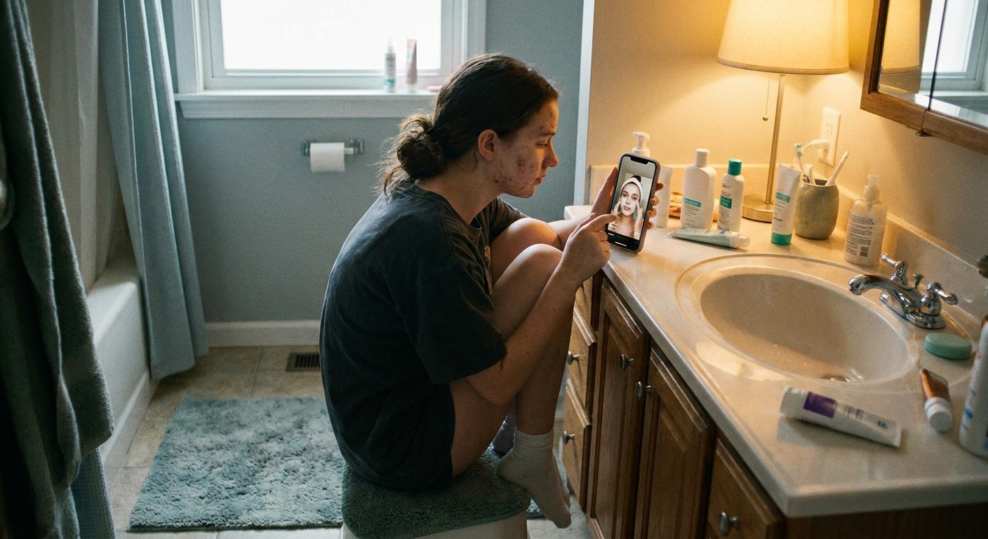 A teenager watching skincare TikToks on their phone