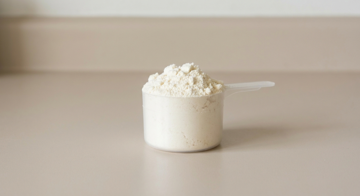 Whey protein powder in a scoop