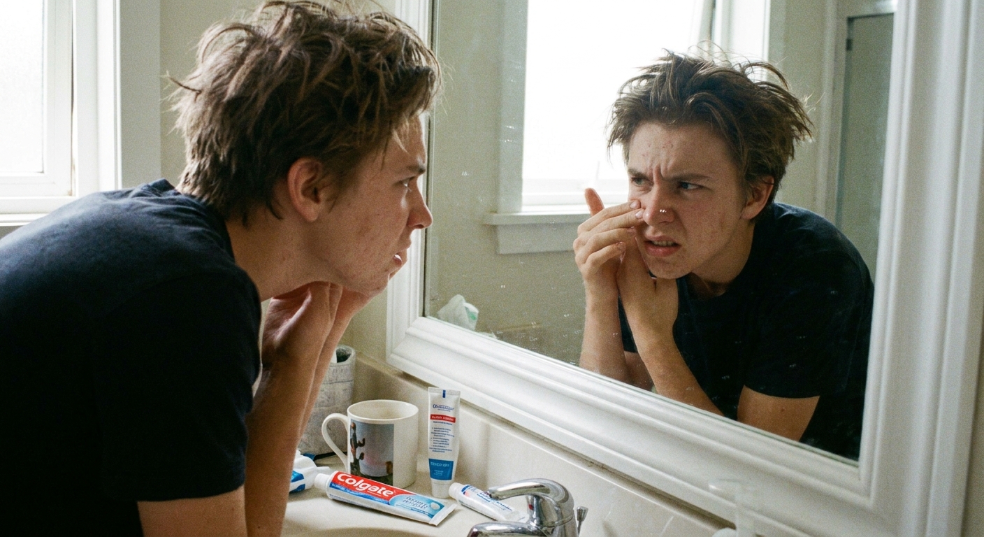 A teenager looking at a whitehead pimple in a mirror